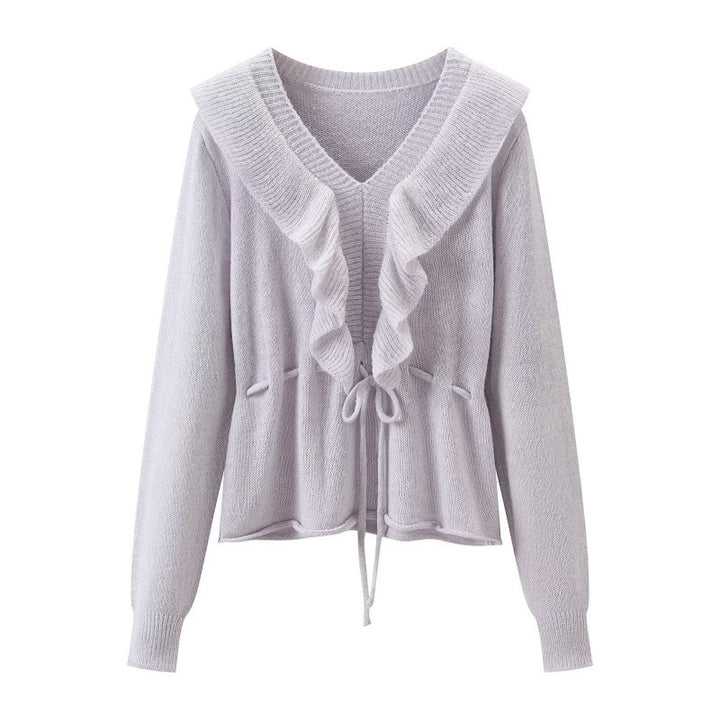 Damen Rüschen-Strickcardigan mit V‑Ausschnitt und Tunnelzugtaillierung Drune