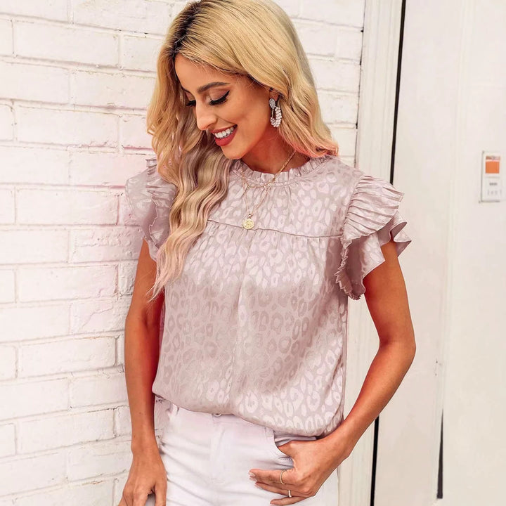 Damen Satinbluse mit Jacquard-Leoprint und gestuften Plissee-Volantärmeln Drune