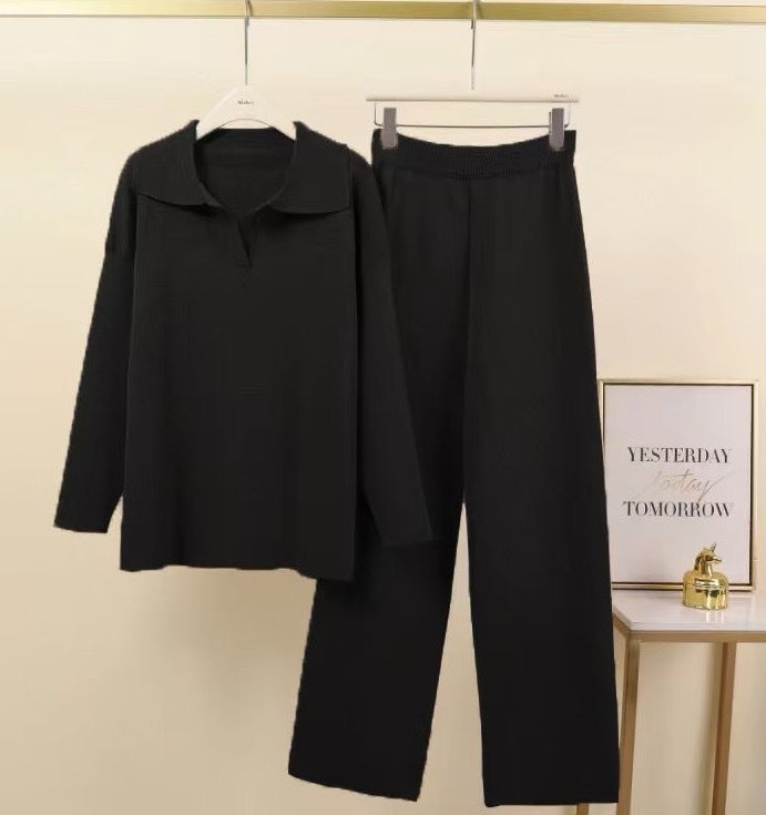 Damen Elegantes Freizeithosen- und Blusen-Set mit Kragen Drune