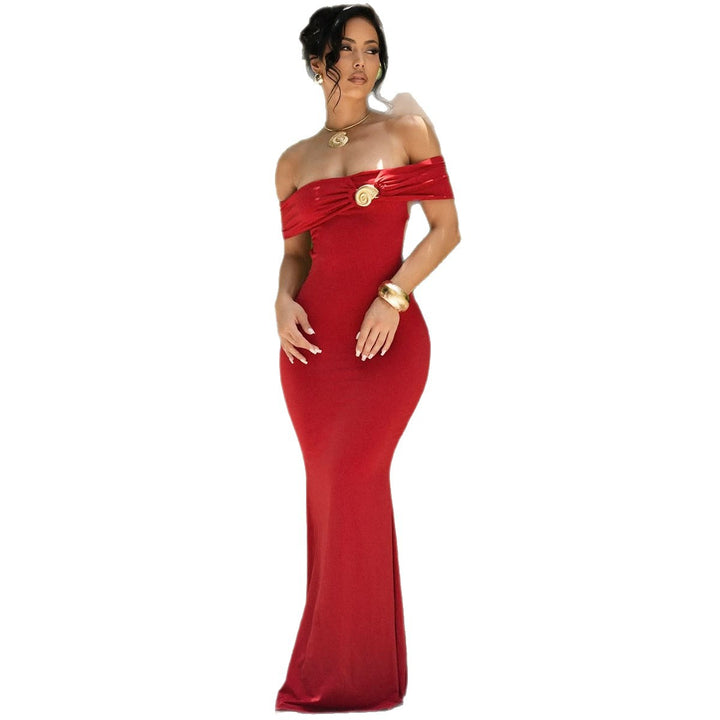 Damen Elegantes Offshoulder Maxikleid mit dekorativem Gold-Detail Drune