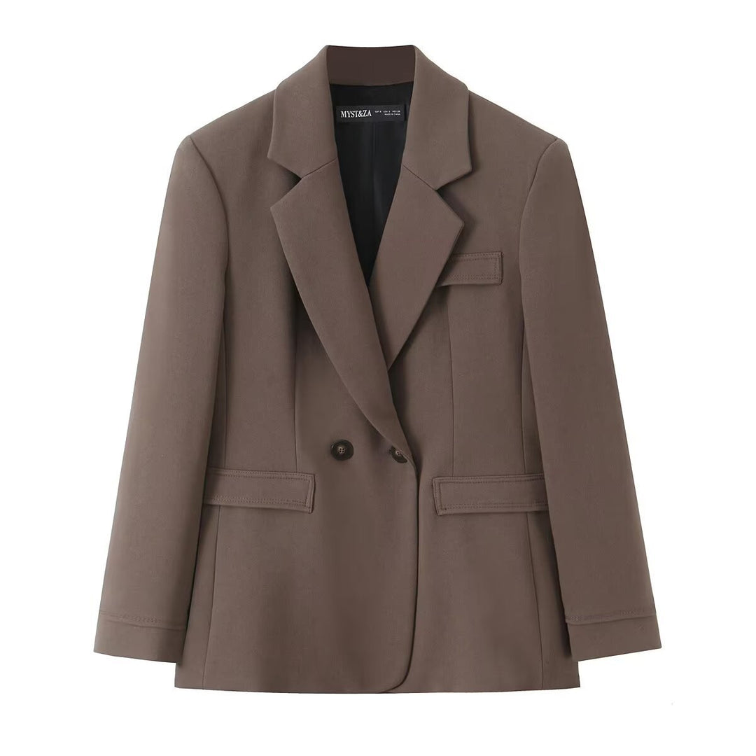 Damen Zweiteiliges Anzugset mit tailliertem Doppelreihigem Blazer und hochtaillierter Bundfaltenhose Drune
