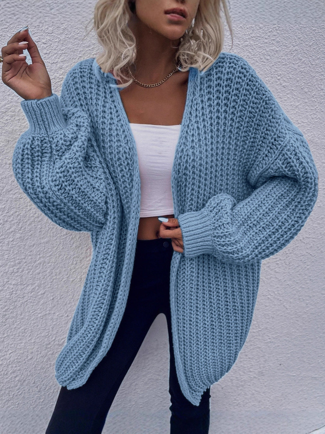 Damen lässiger Grobstrick-Cardigan mit tiefen Taschen und voluminösen Ärmeln Drune