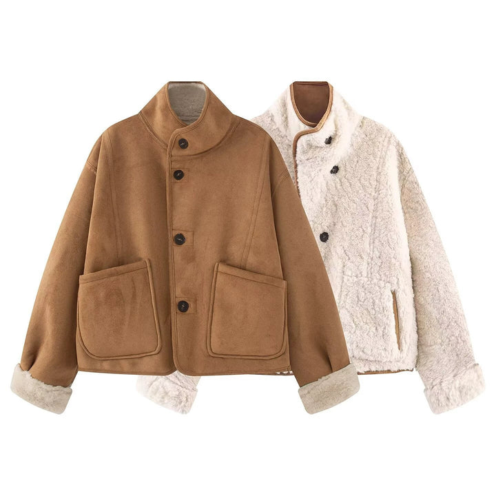 Damen Kurze Schaffelloptik-Jacke mit Stehkragen und großen aufgesetzten Taschen Drune