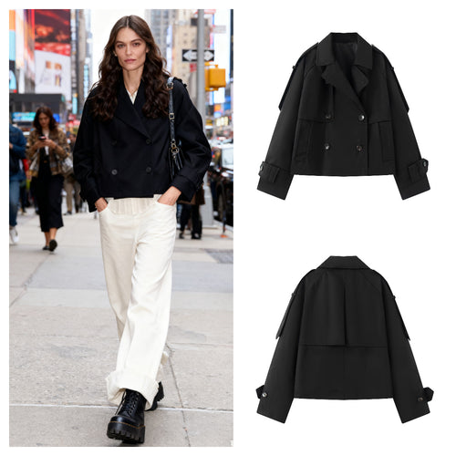 Damen Kurz geschnittener Cropped-Trenchcoat mit doppelreihiger Knopfleiste und Schulterklappen Drune