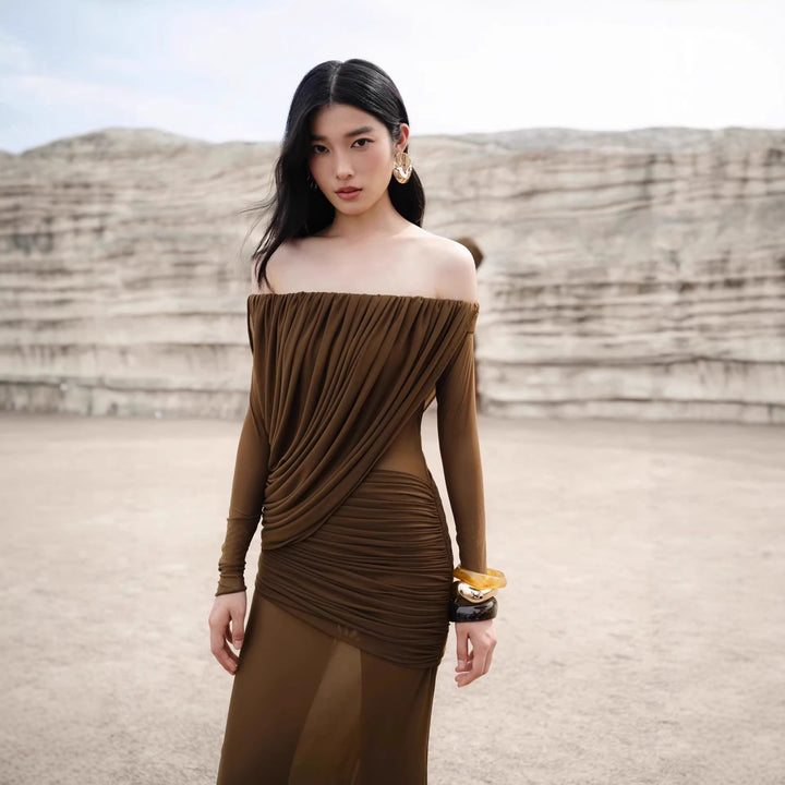 Damen Langarm Maxikleid mit Drapier-Design und schulterfreiem Ausschnitt Drune