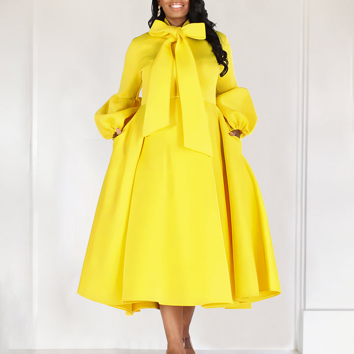 Damen Midi-Dress mit langen Puffärmeln und eleganter Schleife Drune