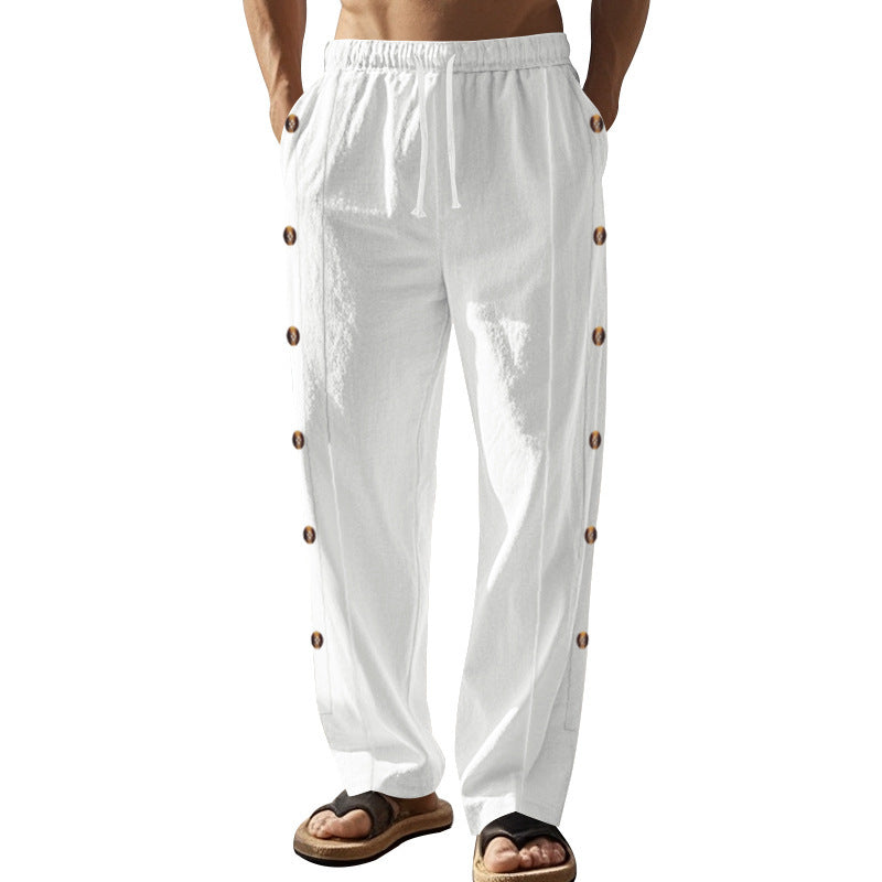 Herren nan entspannte Leinen-Relaxhose mit seitlicher Knopfleiste elastischem Bund und Eingrifftaschen Drune