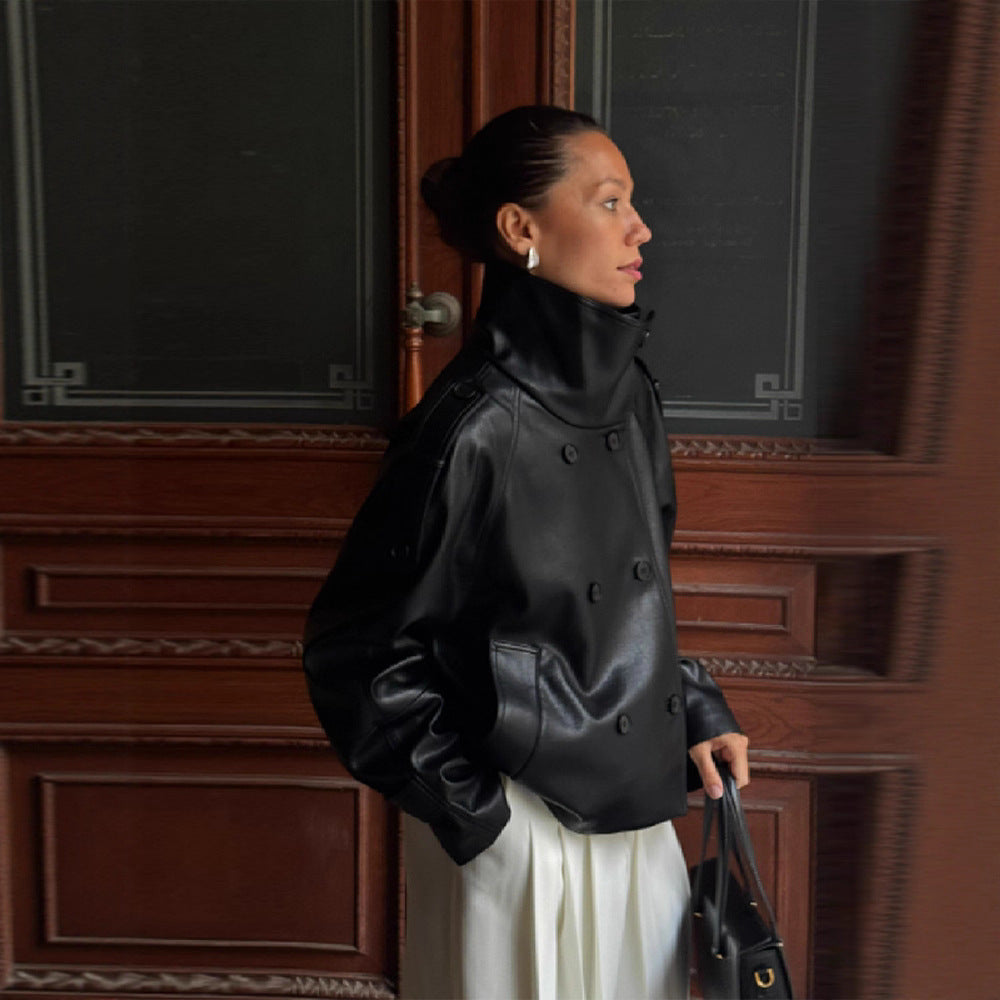 Damen Übergröße Kunstlederjacke mit asymmetrischem Revers Drune