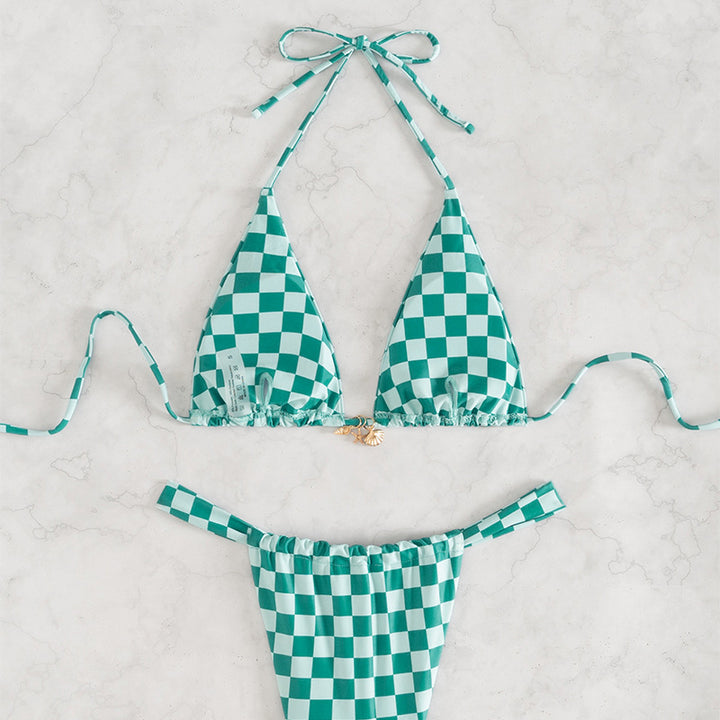 Damen Triangel-Bikini mit modernem Karodesign und verstellbaren Bändern Drune
