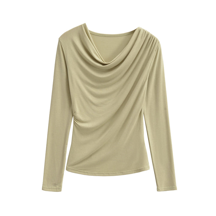 Damen Wasserfallkragen Langarmshirt mit Drapierung und taillierter Wickeloptik Drune