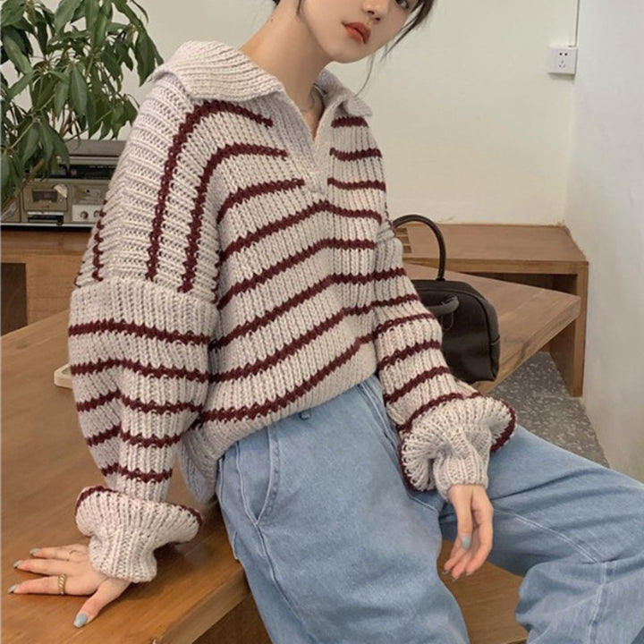 Damen Strickpullover mit lässigem Kragen und attraktiven Streifen Drune