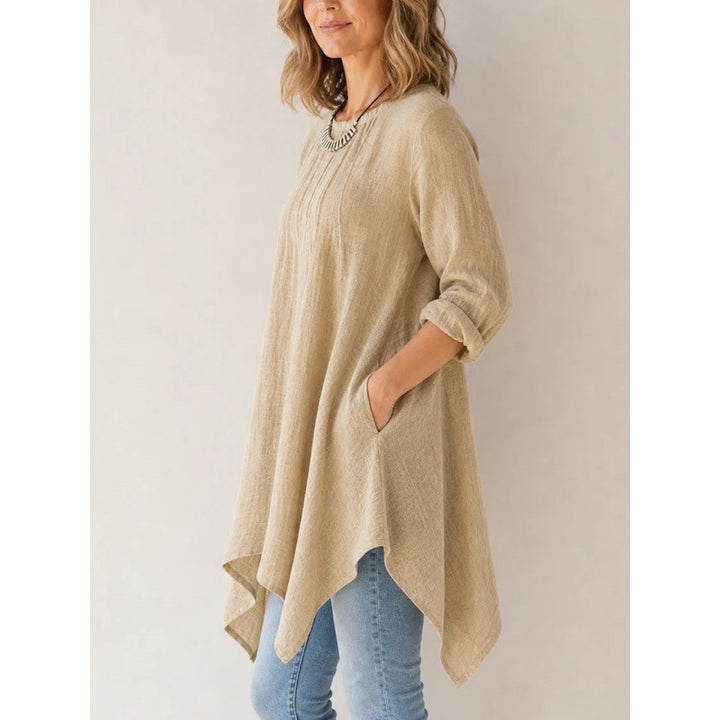 Damen Lässige Long-Tunika mit Handtuchsaum, Kräusel-Biesen und Eingrifftaschen Drune