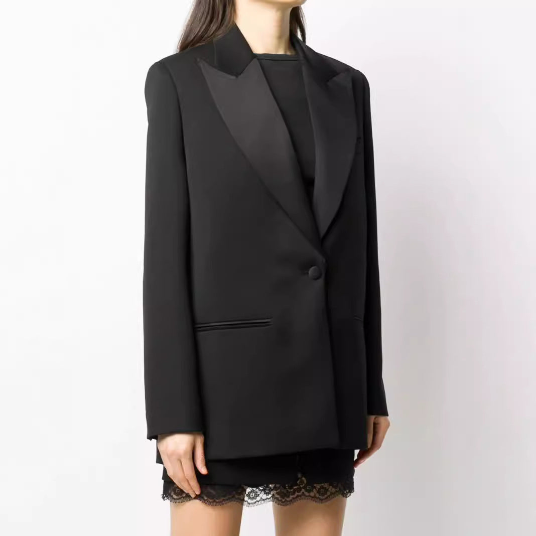 Damen Oversize Einreihiger Longblazer mit Satin-Schalkragen und cleanem Tailoring Drune