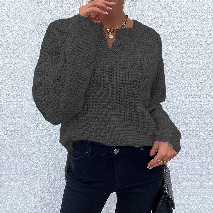Damen Waffelstrick-Pullover mit V-Schlitz, oversized Schnitt und Ballonärmeln Drune