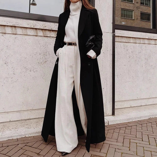 Damen Langer doppeltreihiger Wollmantel mit Reverskragen und taillierter Silhouette Drune