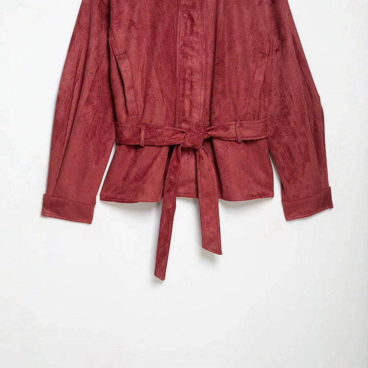 Damen Kimonoinspirierte Veloursjacke mit Bindegürtel und hohem Stehkragen Drune