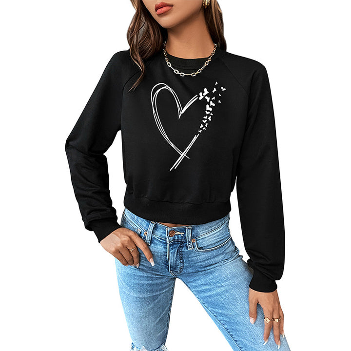 Damen Kurz geschnittenes Sweatshirt mit Herz-Print, Rundhalsausschnitt und Rippbündchen Drune