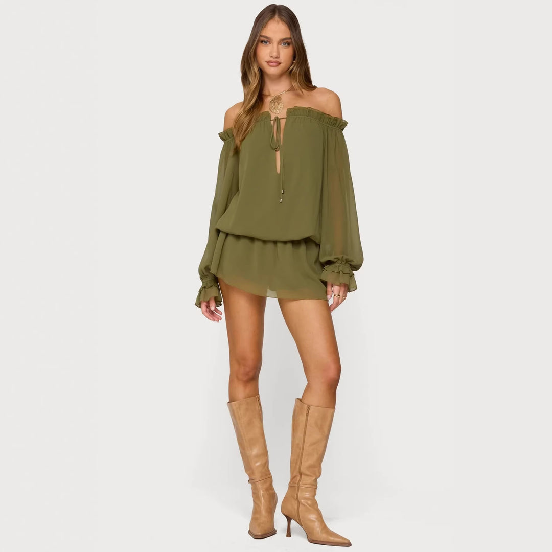 Damen Off-Shoulder Kleid mit voluminösen Puffärmeln und Rüschensaum Drune