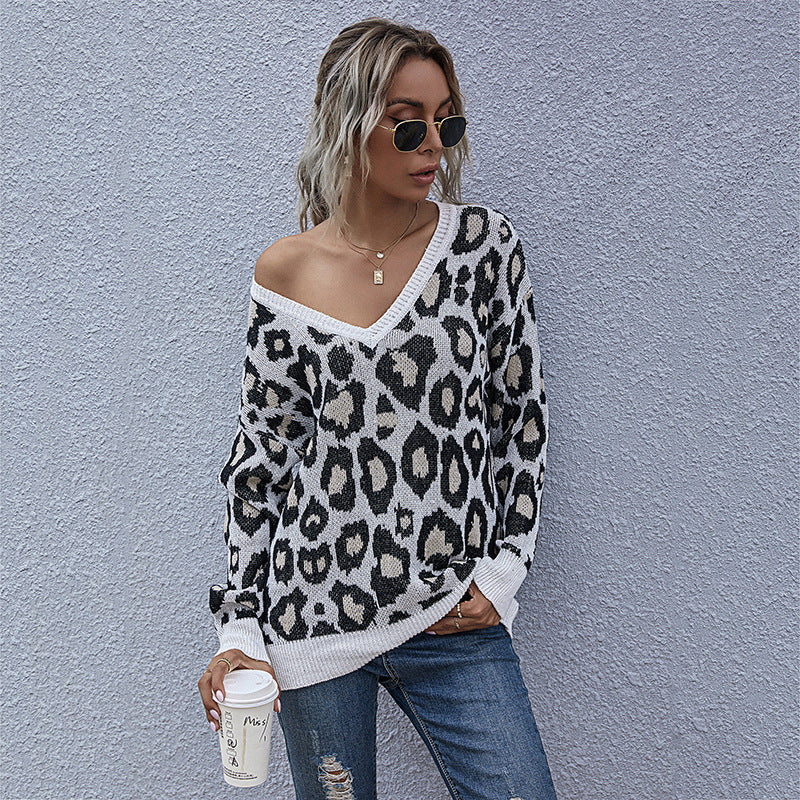 Damen Grobgestrickter V-Neck Pullover mit Oversize‑Silhouette und Statement‑Leoprint Drune