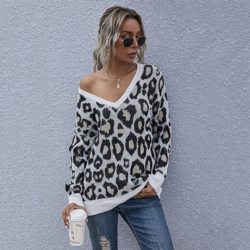 Damen Grobgestrickter V-Neck Pullover mit Oversize‑Silhouette und Statement‑Leoprint Drune