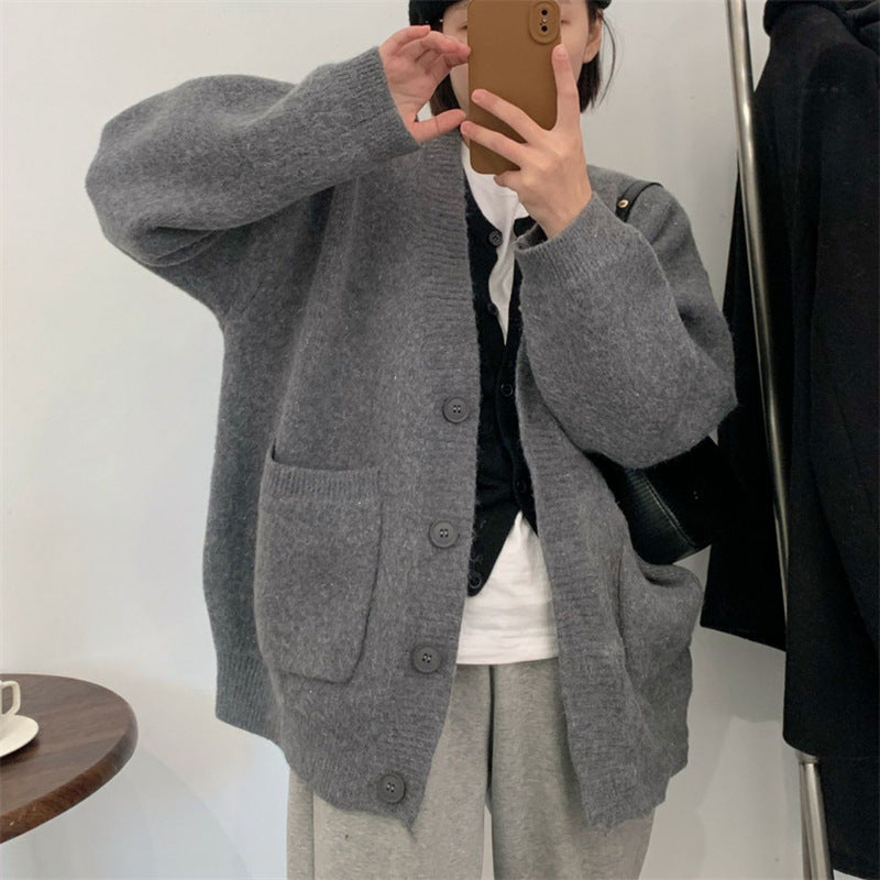 Damen kuschelige Strickjacke mit großen Taschen und durchgehendem Knopfverschluss Drune