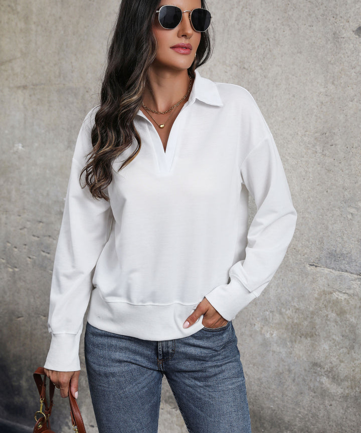 Damen Lockerer Sweatshirt-Polo mit V-Ausschnitt und geripptem Saum Drune
