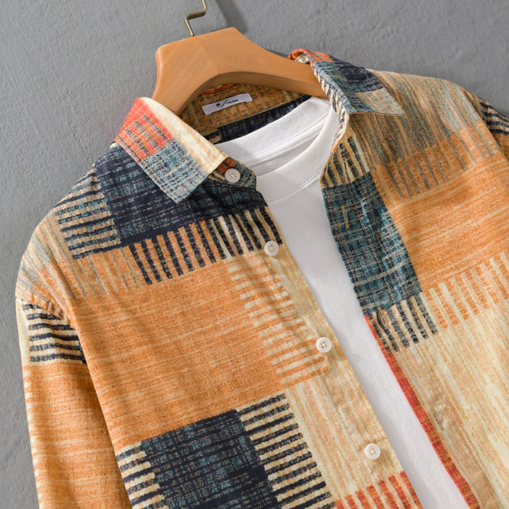 Herren Gemustertes Langarm-Hemd im Patchwork-Look aus leichtem Baumwollmix Relaxed Fit Drune
