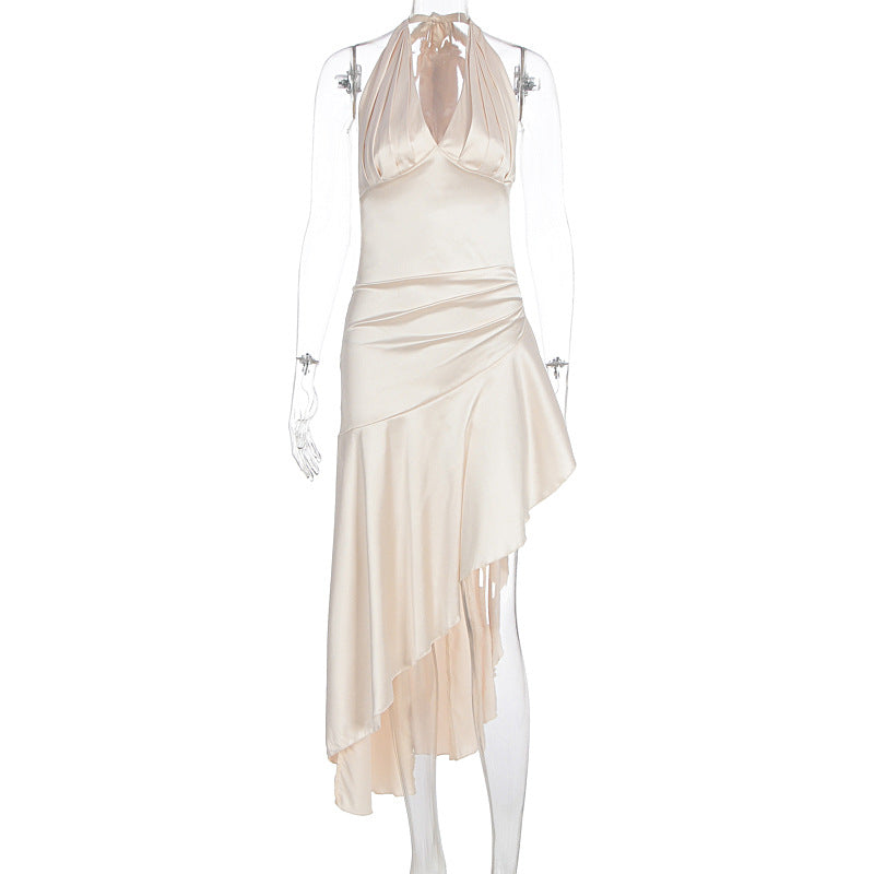 Damen elegantes Wickelkleid mit asymmetrischem Schnitt und Halterhals Drune