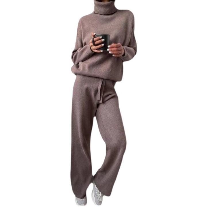 Damen elegantes Strick-Loungewear-Set mit hohem Kragen und weitem Bein Drune