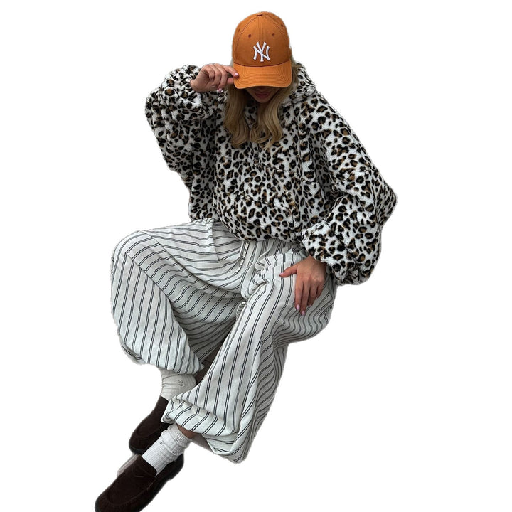 Damen Plüsch-Hoodie mit Leopardenmuster Drune