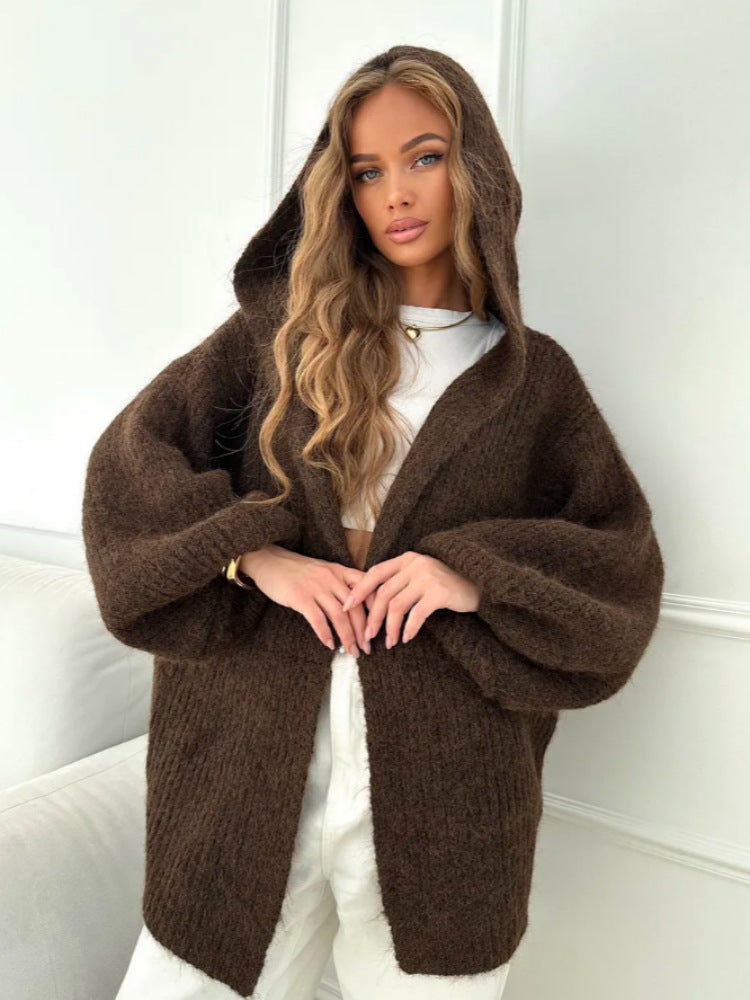 Damen Oversized Strickjacke mit Kapuze Drune