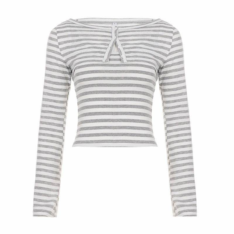 Damen Gestreiftes Cropped-Langarmshirt mit Boot-Ausschnitt und Zierschleife Drune