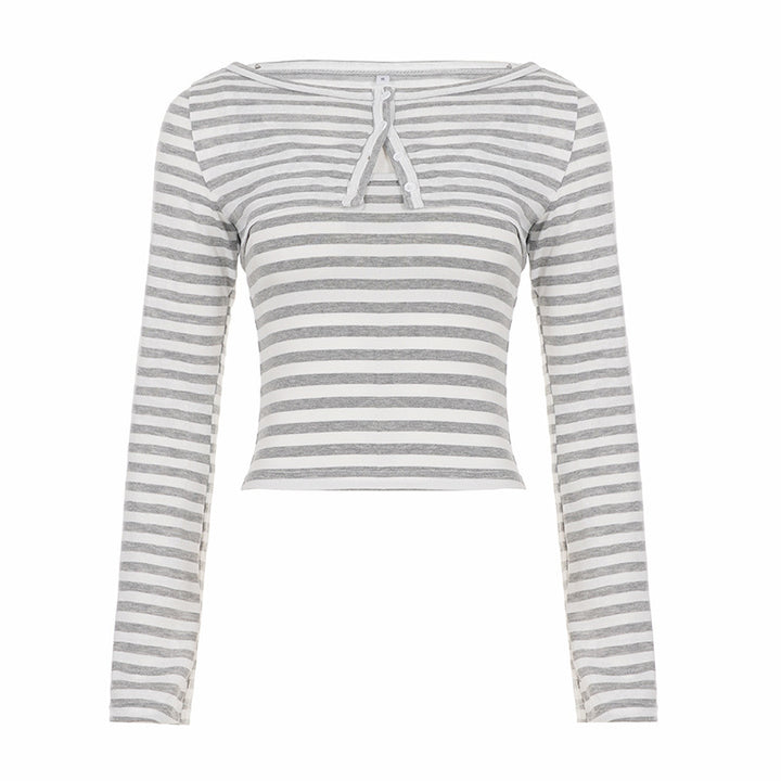 Damen Gestreiftes Cropped-Langarmshirt mit Boot-Ausschnitt und Zierschleife Drune