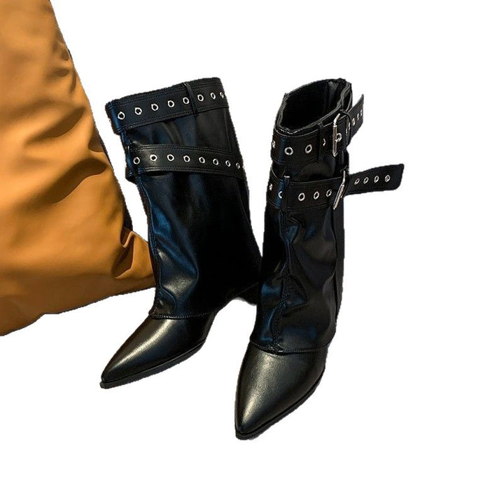 Damen Wadenhohe Wildleder-Slouch-Stiefel mit spitzer Zehenpartie und Zierschnallen Drune