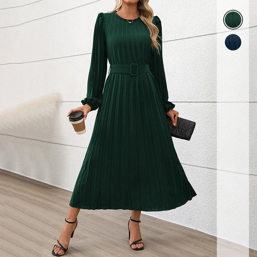 Damen Faltenmaxikleid mit taillierendem Gürtel Drune