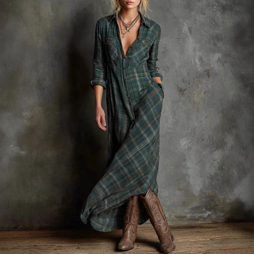Damen Maxikleid aus kariertem Flanell-Look mit Knopfleiste und seitlichen Taschen Drune