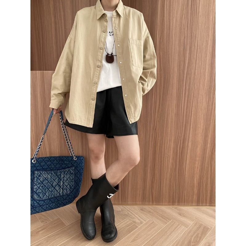 Damen lässige Overshirtjacke mit praktischer Brusttasche und Druckknöpfen Drune