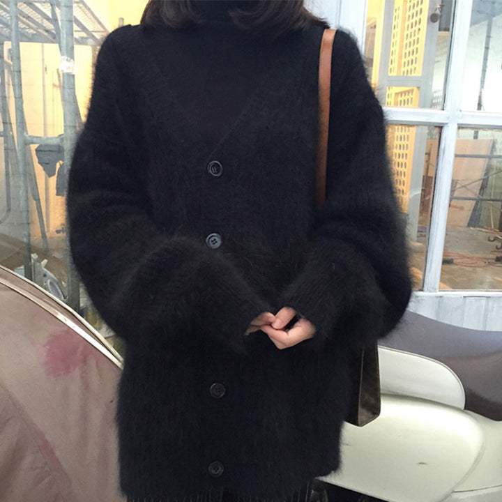Damen Flauschige Strickjacke mit großen Knöpfen und weit geschnittenem Design Drune