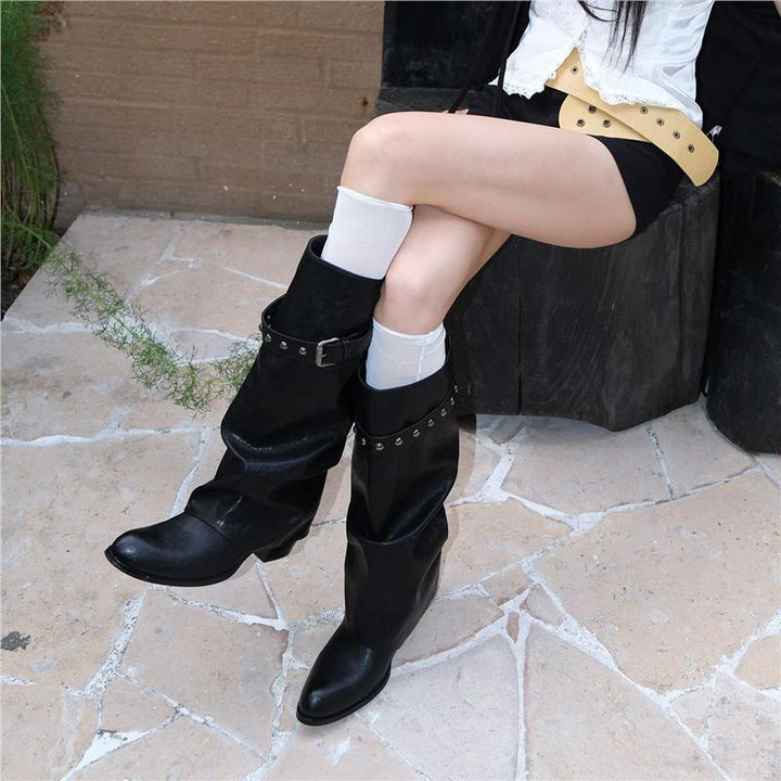 Damen Weiche Oversized Slouch-Overknee‑Stiefel mit verstellbarem Nieten‑Schnallenriemen Drune