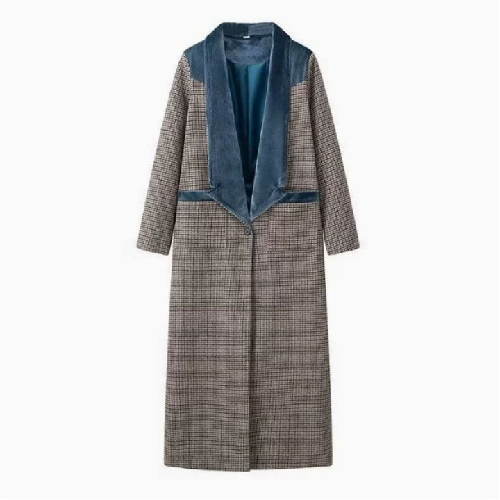 Damen eleganter langärmliger Mantel mit samtigen Akzenten Drune