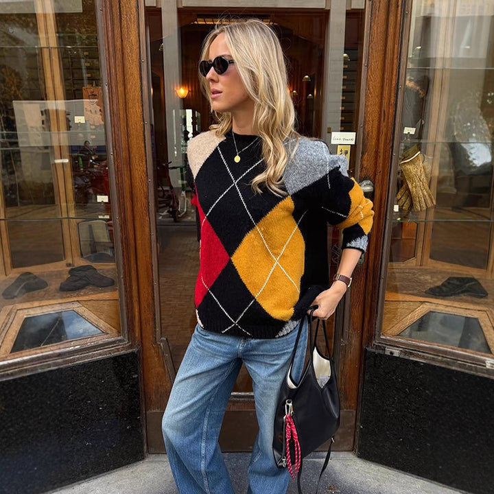 Damen Oversize Argyle-Pullover aus Mohair-Mix mit Rundhalsausschnitt und kontrastierenden Rautendetails Drune