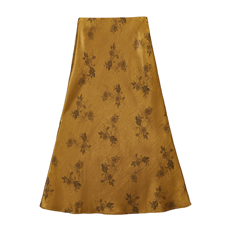 Damen nan taillenhoher A-Linien-Midirock aus jacquardähnischem Satin mit floralem Relief Drune