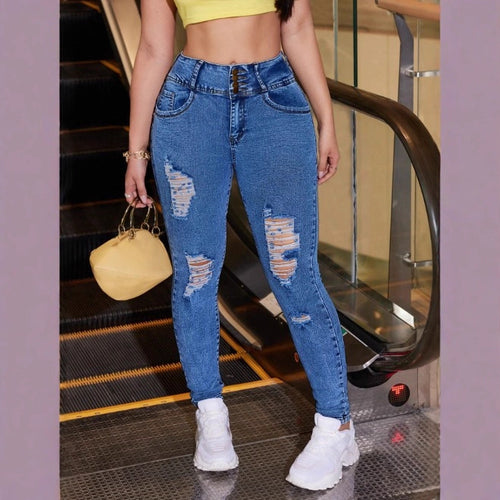 Damen Hochgeschnittene Sculpting-Skinny-Jeans mit taillenformendem Mehrfachknopf und gezieltem Distressed-Look Drune