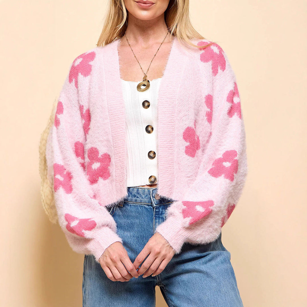 Damen Flauschiger Cardigan mit Blumenmuster Drune