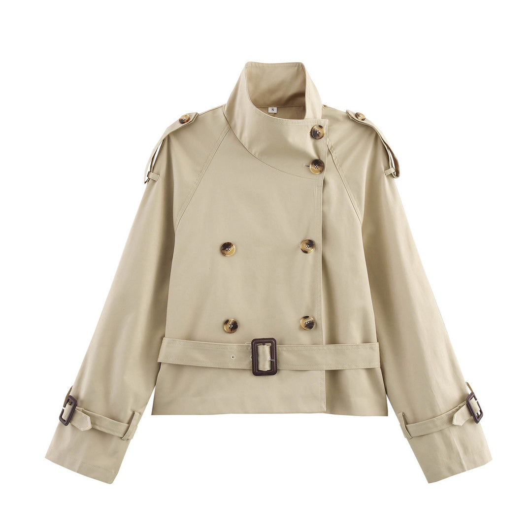 Damen nan kurz geschnittene Trenchjacke mit asymmetrischem Stehkragen, Taillengürtel und Schnallenmanschetten Drune