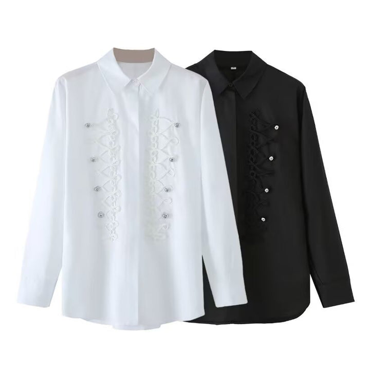 Damen Langärmlige Oversize-Bluse mit verdeckter Knopfleiste und dekorativen Kordelapplikationen Drune