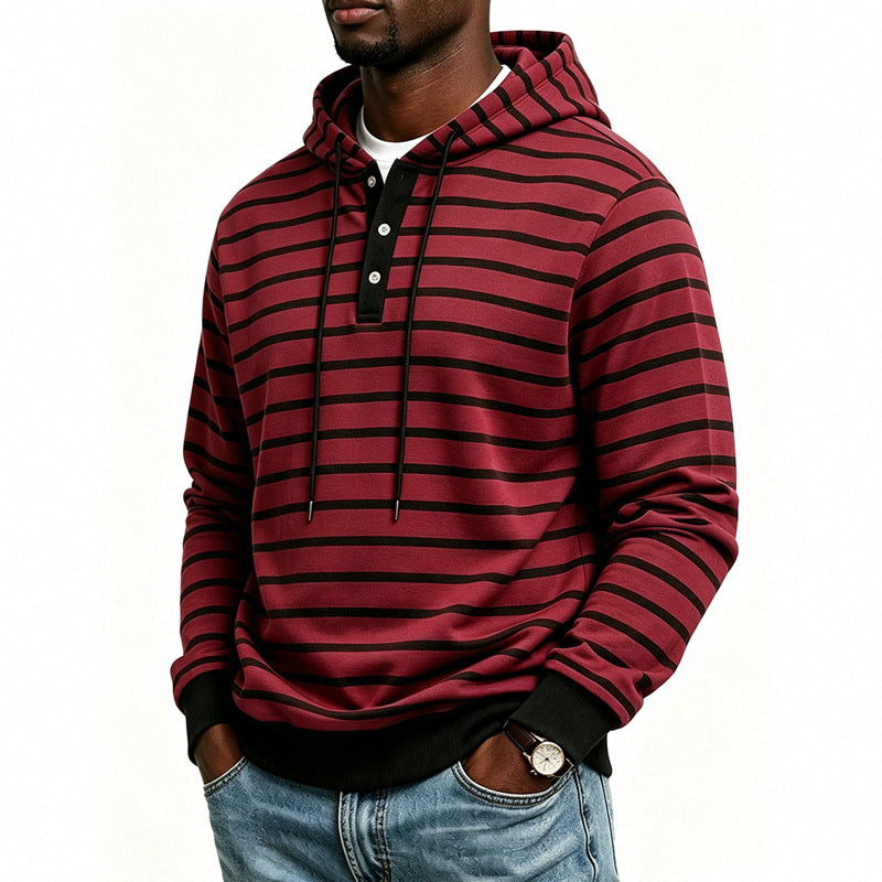 Herren Kapuzenpullover mit Henley-Knopfleiste und feinem Streifenstrukturmuster Drune