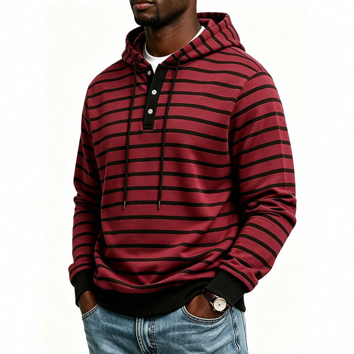 Herren Kapuzenpullover mit Henley-Knopfleiste und feinem Streifenstrukturmuster Drune
