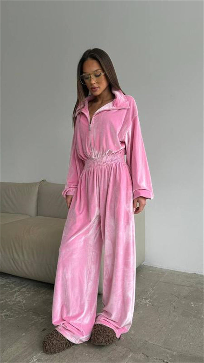 Damen Samt-Jumpsuit mit weitem Bein, elastischer Taillenpartie und Stehkragen Drune