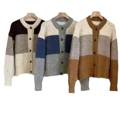Damen Grobstrickjacke mit knöpfbarem Verschluss und trendigem Farbblockdesign Drune